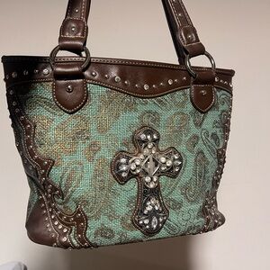 Montana West Brown and Green Cross Embellished Shoulder Bag